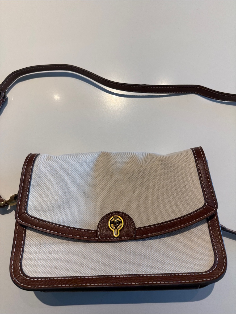 Canvas and Brown Leather Trim Crossbody Bag